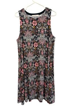2/$30 LOFT Floral Sleeveless Swing Dress XL Boho Paisley Charcoal Pink